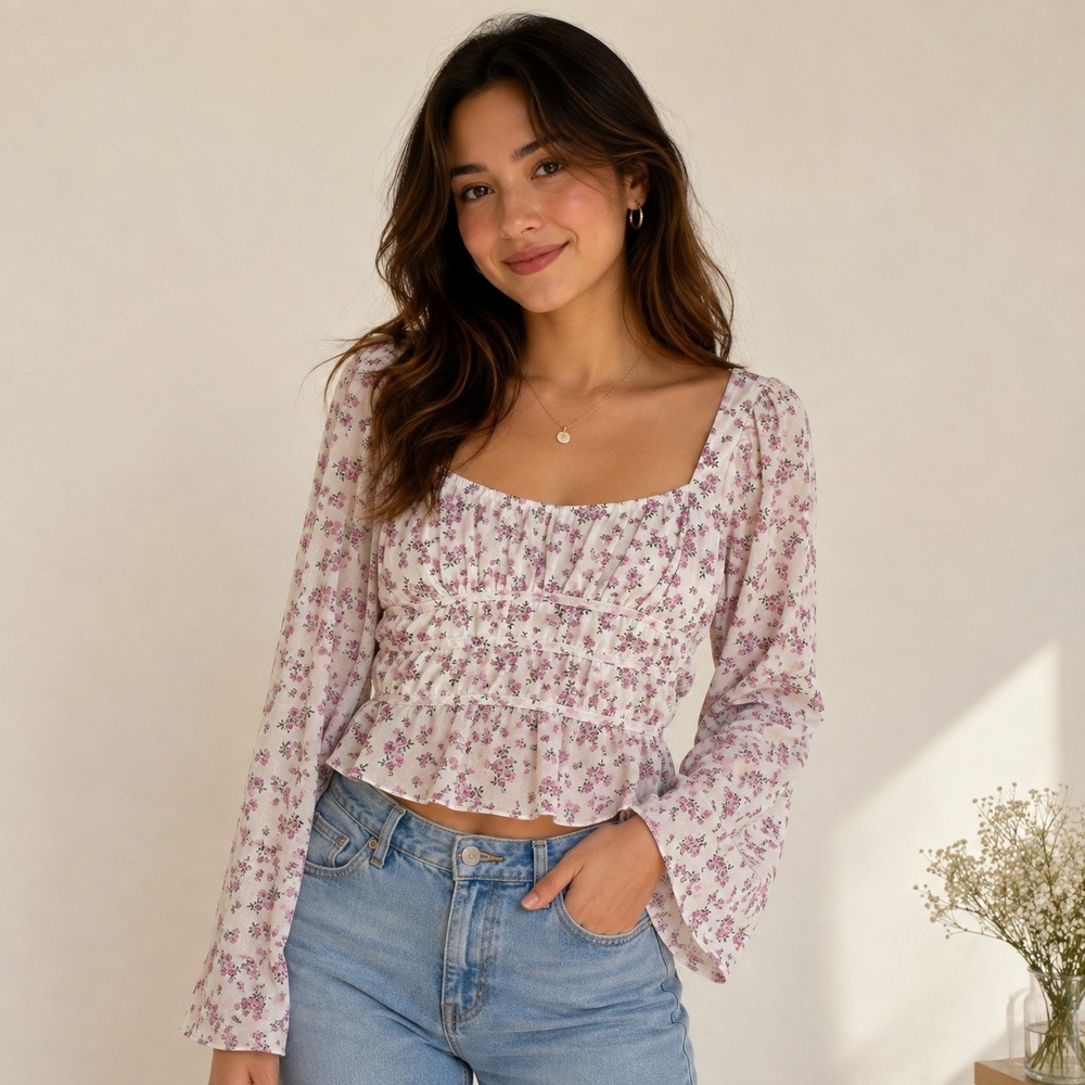Kirious‎ Los Floral Top Cropped Coquette Fairy Romance Cottage Boho Large